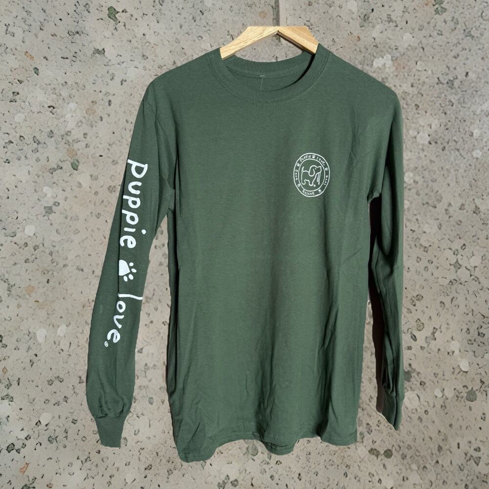Puppie Love NEW w/Tag Hiking Pup Long Sleeve, Green, 100% Cotton Tee Shirt Small - Picture 2 of 9